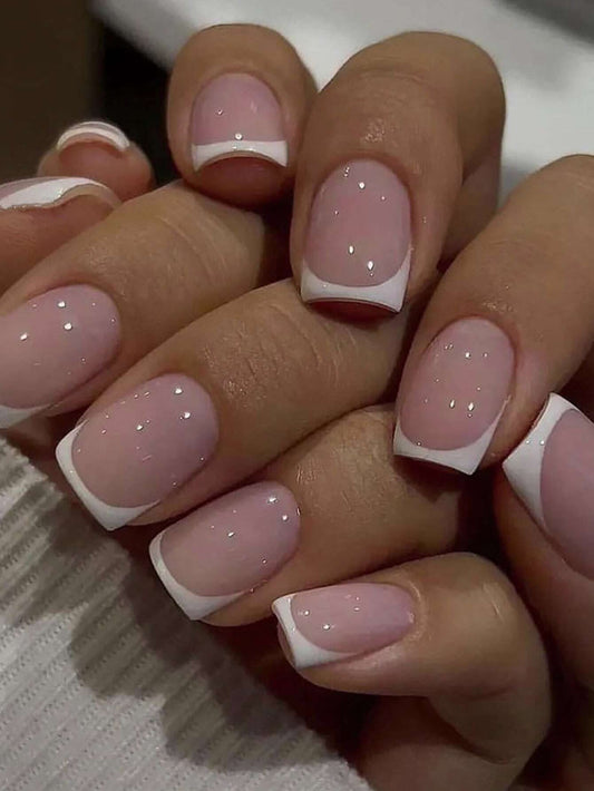 Short Square Fake Nails: Cute Bride Heart French Tips Set