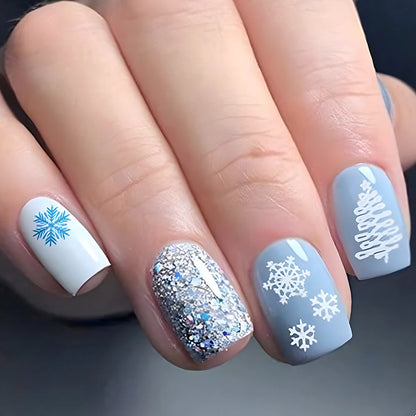 24pcs Red White French Line Christmas Sweet False Nails With Snowflake Rhinestone Starburst Design Pink Almond Press On Nails