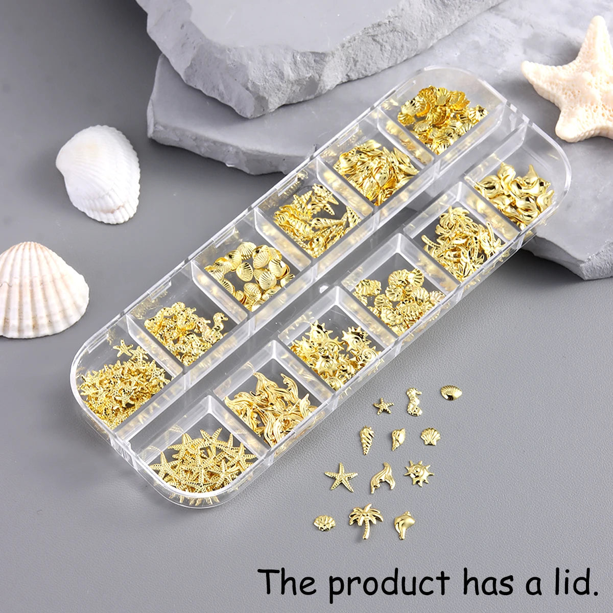 Golden starfish and seashell nail art decorations, 3D ocean fan shell and conch ornaments, mini steel bead nail accessories.
