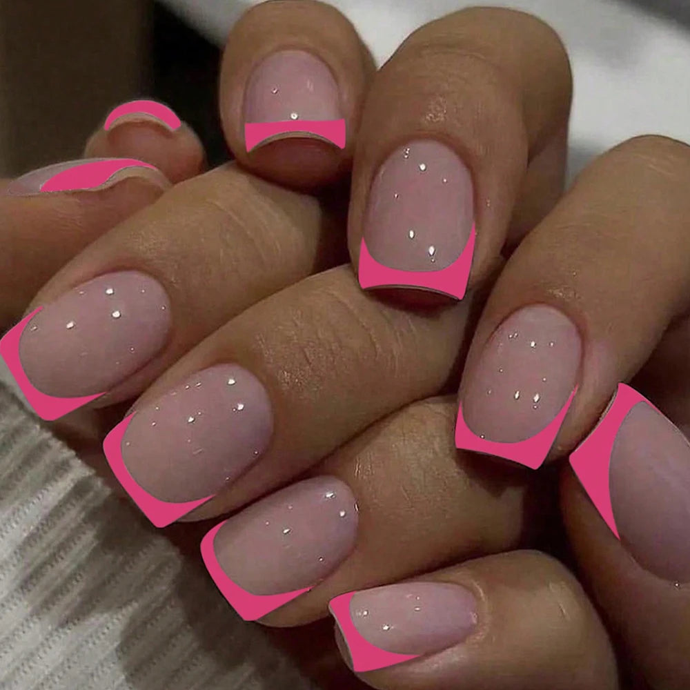 Short Square Fake Nails: Cute Bride Heart French Tips Set