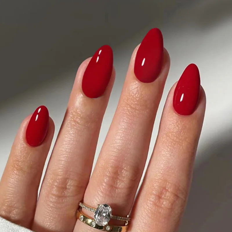 Press On Nails: Glossy Red Cat's Eye Press On Nails - 24pcs Almond Shape
