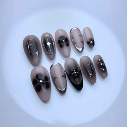 Black Y2K Long False Nails - 24Pcs Almond Cat's Eye Design