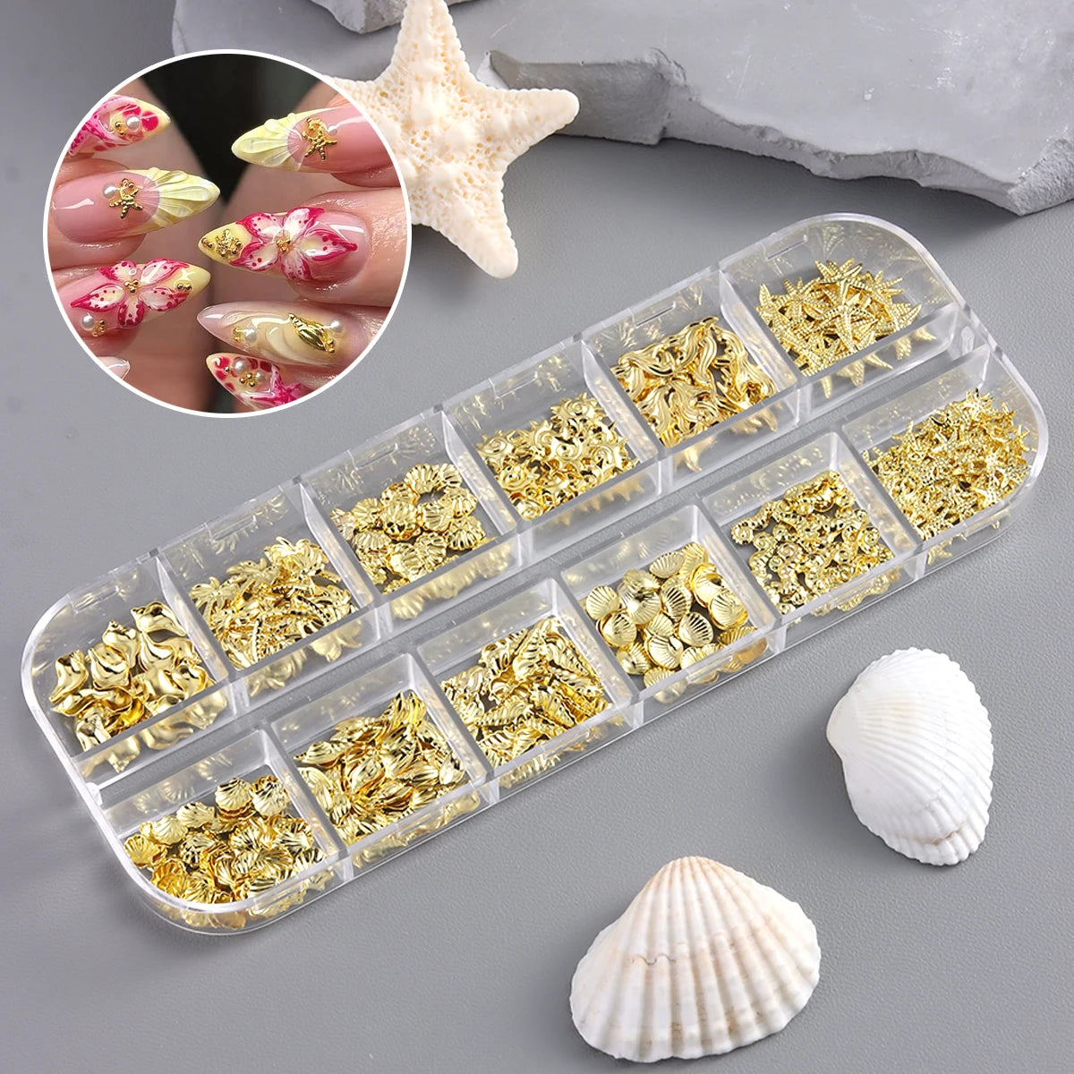 Golden starfish and seashell nail art decorations, 3D ocean fan shell and conch ornaments, mini steel bead nail accessories.
