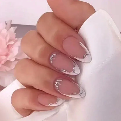 Fake Nails Almond 24Pcs - White Edge, Pink Stiletto
