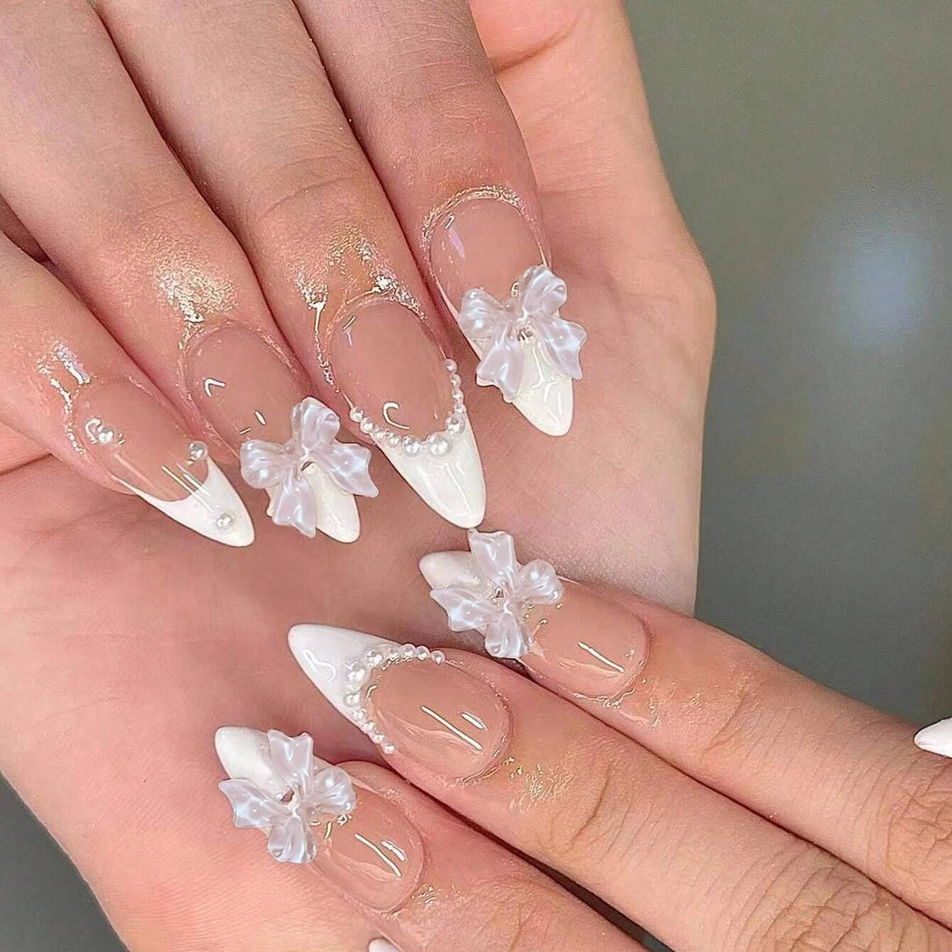 Short Square Fake Nails: Cute Bride Heart French Tips Set