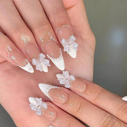 Short Square Fake Nails: Cute Bride Heart French Tips Set