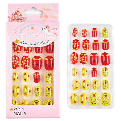 Fake Nails: Cartoon Kids Acrylic Nails - Cute Cat/Pig/Rainbow Set