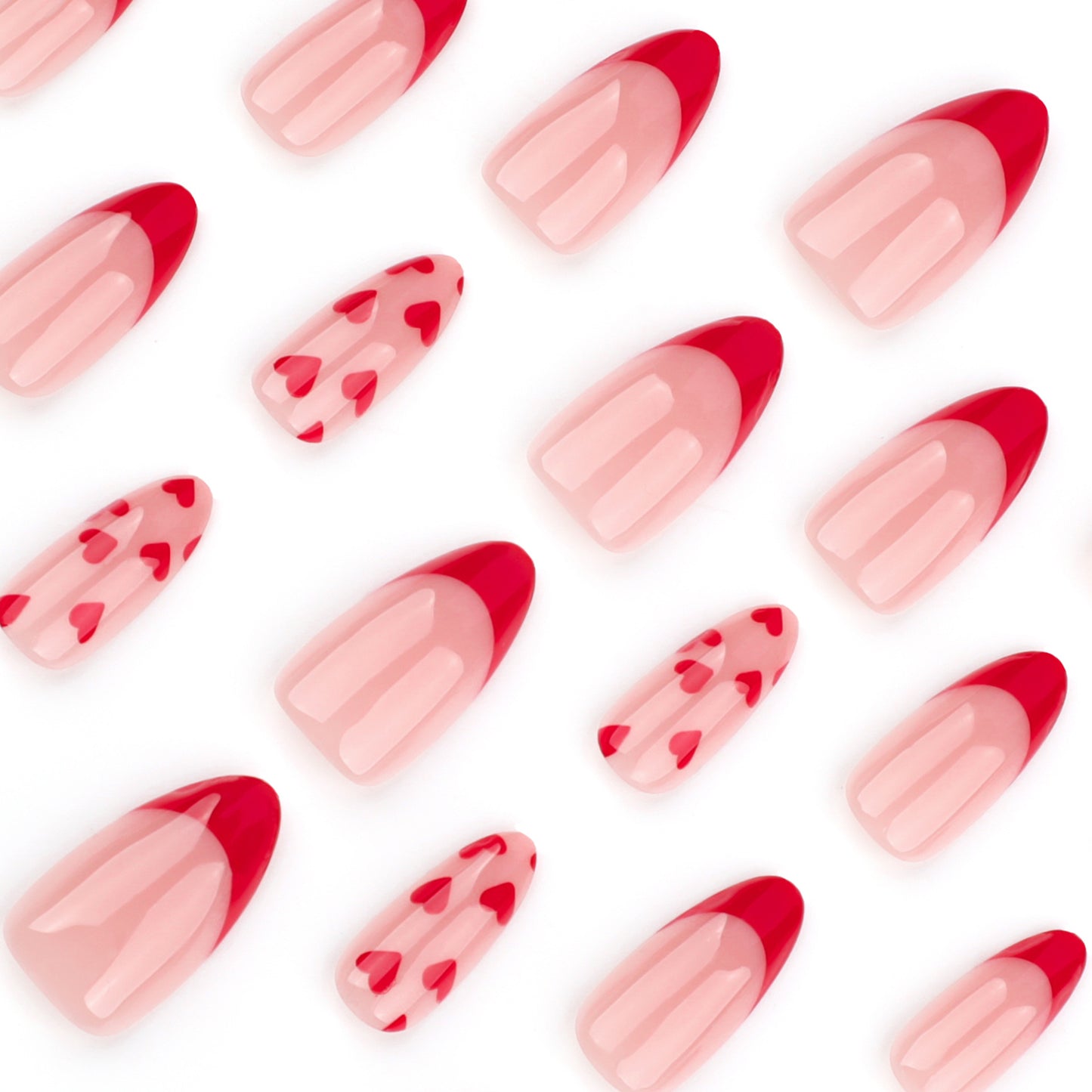Red Love Heart French Nail Art - Cute Nude Pink Fake Nails