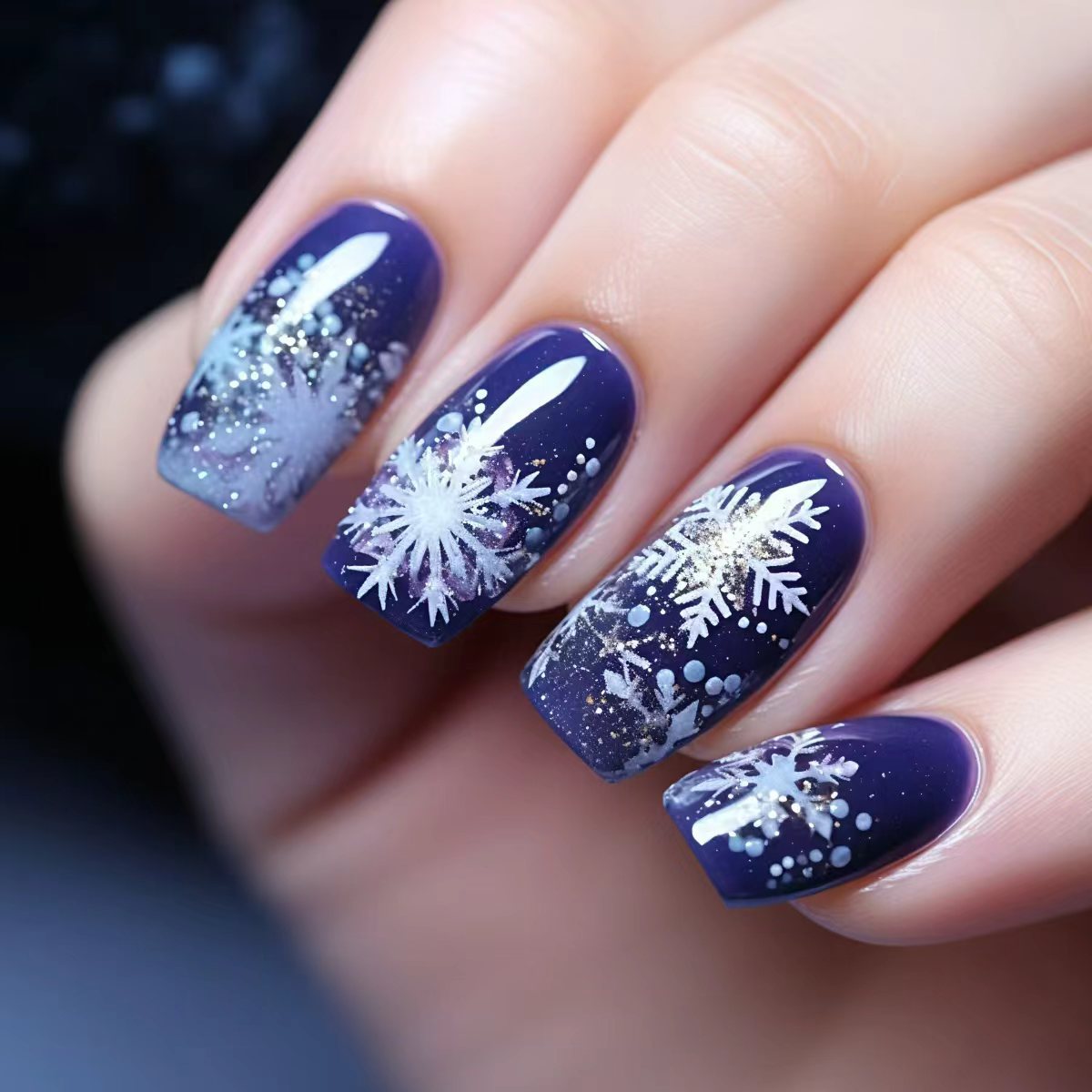 Fake Nails: Christmas Black Red Blue Snowflake Tips