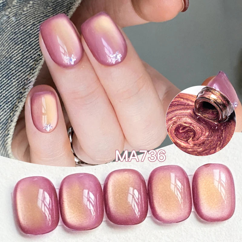 MEET ACROSS Guava & Grape Color Cat Magnetic Gel Green Glass Bead Cat Eye Gel Soak Off UV Gel Nail Art Varnish Salon Home DIY