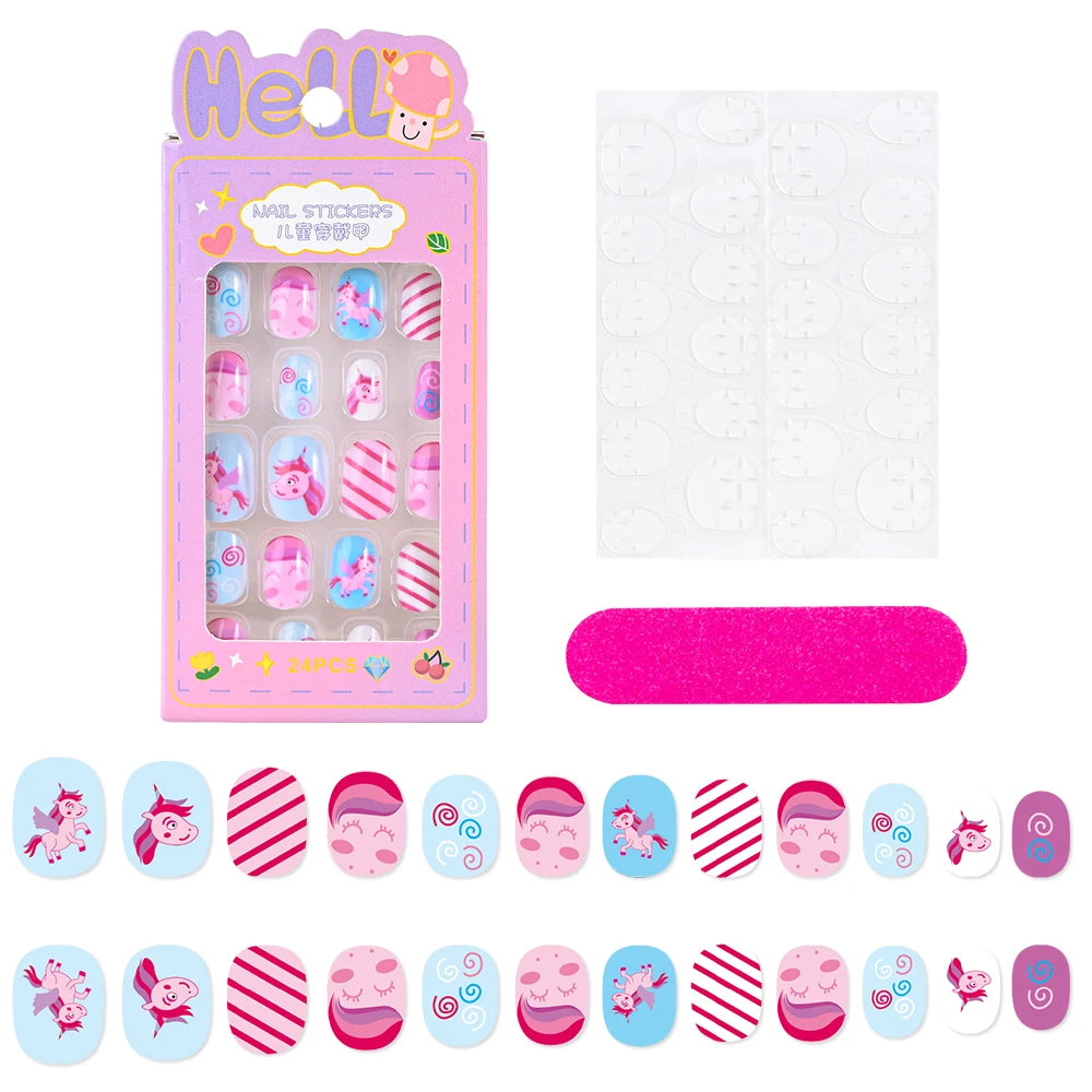 Fake Nails: Cartoon Kids Acrylic Nails - Cute Cat/Pig/Rainbow Set