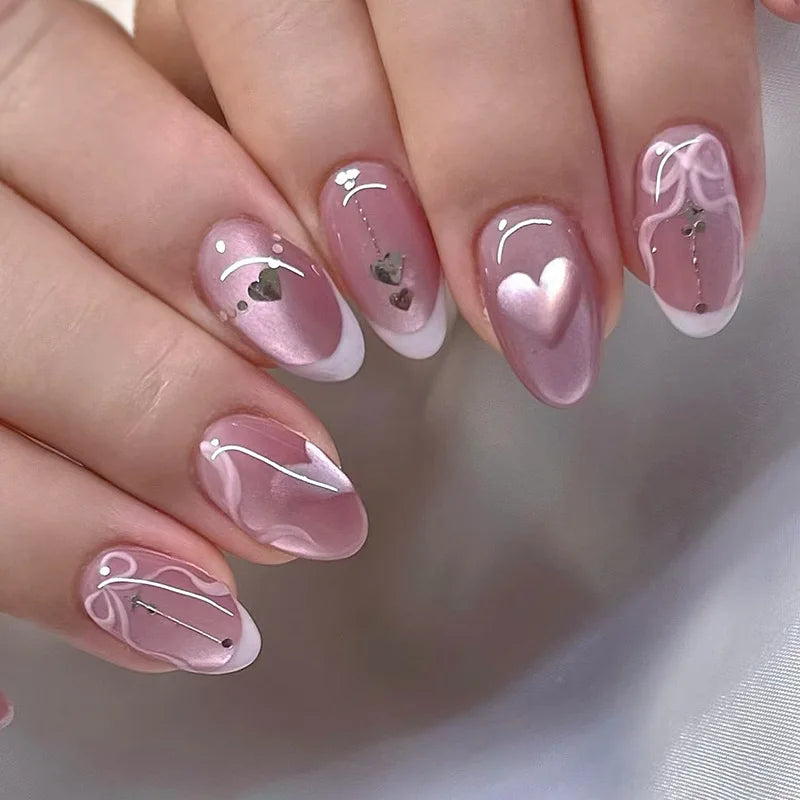 Press On Nails: Glossy Red Cat's Eye Press On Nails - 24pcs Almond Shape