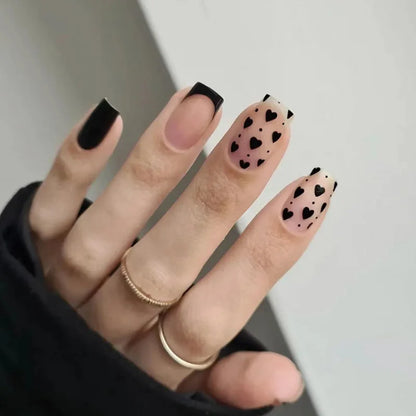Red Love Heart French Nail Art - Cute Nude Pink Fake Nails