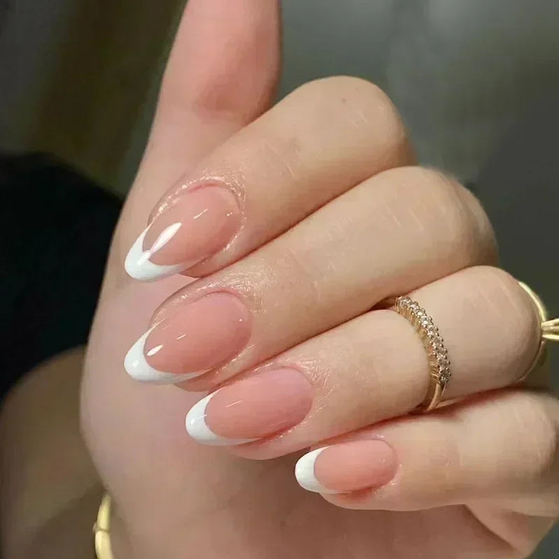 Fake Nails Almond 24Pcs - White Edge, Pink Stiletto