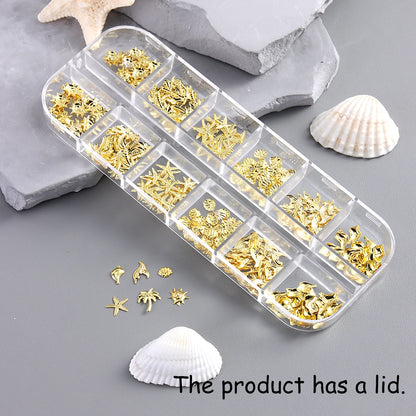 Golden starfish and seashell nail art decorations, 3D ocean fan shell and conch ornaments, mini steel bead nail accessories.