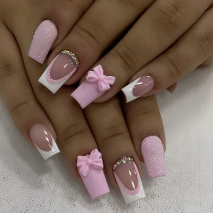 Press-On Nails: French Pink Short Square with Rhinestones