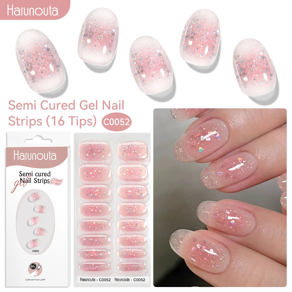 Gel Nail Polish Strips Red Series - 16 Semi-Cured Glitter Wraps