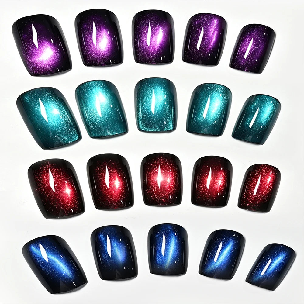96pcs Short Square Glossy Cat Eye Press-On Nails Blue,Purple, Red,Green 4colors Cat Eye Fake Nails Set Full Cover Y2k False Nail