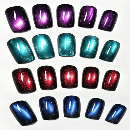 96pcs Short Square Glossy Cat Eye Press-On Nails Blue,Purple, Red,Green 4colors Cat Eye Fake Nails Set Full Cover Y2k False Nail