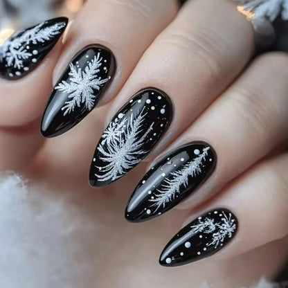 Fake Nails: Christmas Black Red Blue Snowflake Tips