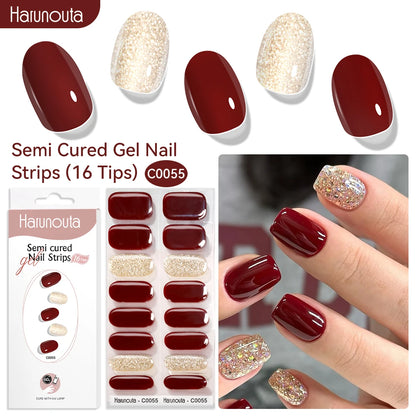 Gel Nail Polish Strips Red Series - 16 Semi-Cured Glitter Wraps