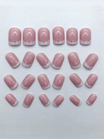 Short Square Fake Nails: Cute Bride Heart French Tips Set