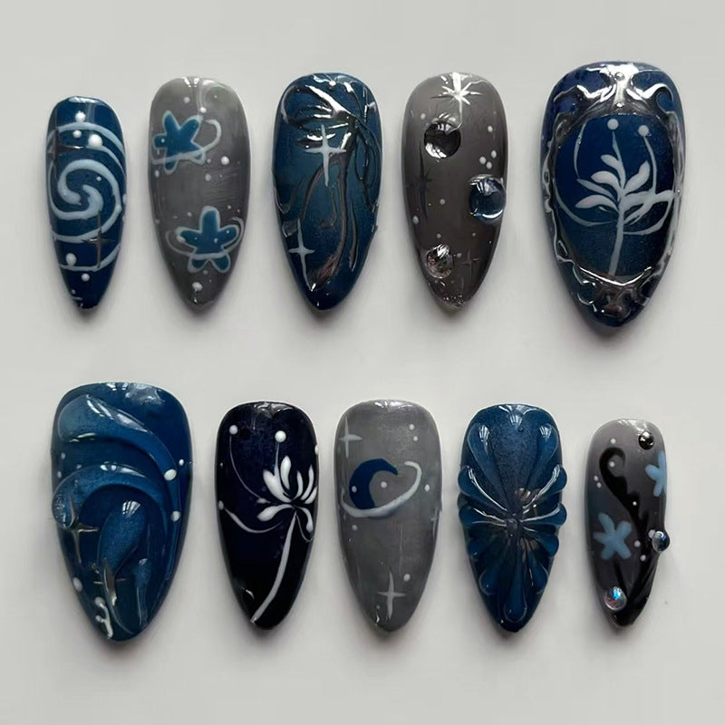 Black Y2K Long False Nails - 24Pcs Almond Cat's Eye Design