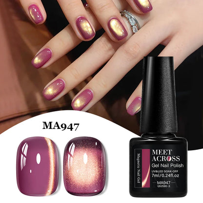 MEET ACROSS Guava & Grape Color Cat Magnetic Gel Green Glass Bead Cat Eye Gel Soak Off UV Gel Nail Art Varnish Salon Home DIY
