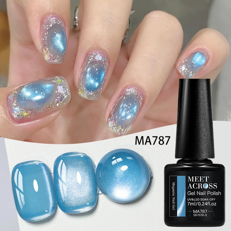 MEET ACROSS Guava & Grape Color Cat Magnetic Gel Green Glass Bead Cat Eye Gel Soak Off UV Gel Nail Art Varnish Salon Home DIY