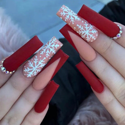 24Pcs Red Christmas Fake Nails Cute Santa Claus Reindeer & Snowflake Designs Artificial Nails Glossy Short Oval Press On Nails