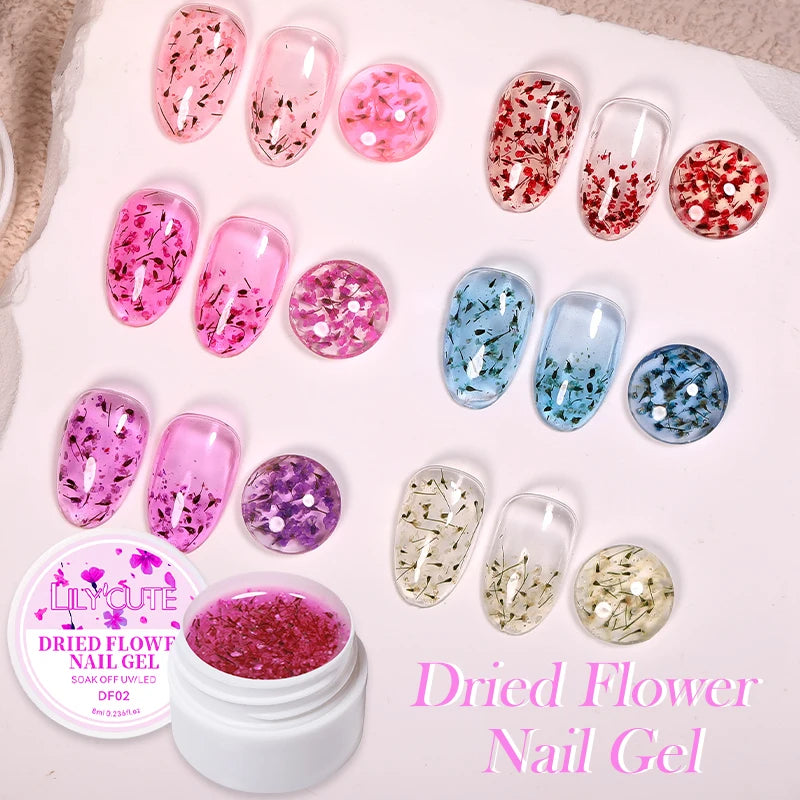 LILYCUTE 8ml Pink Natural Dried Flower Gel Nail Polish Summer Colorful Fairy Series Manicure Painting Soak Off Nail Art UV Gel