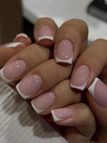 Short Square Fake Nails: Cute Bride Heart French Tips Set