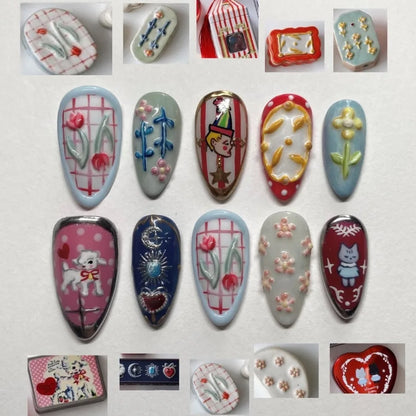 24pcs Flower Print Press on Nails Wine Red Blush Almond False Nail Tips Wearable Reusable Summer Spicy Girl Fake Nails