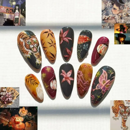 24pcs Flower Print Press on Nails Wine Red Blush Almond False Nail Tips Wearable Reusable Summer Spicy Girl Fake Nails