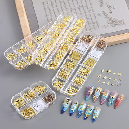 Golden starfish and seashell nail art decorations, 3D ocean fan shell and conch ornaments, mini steel bead nail accessories.