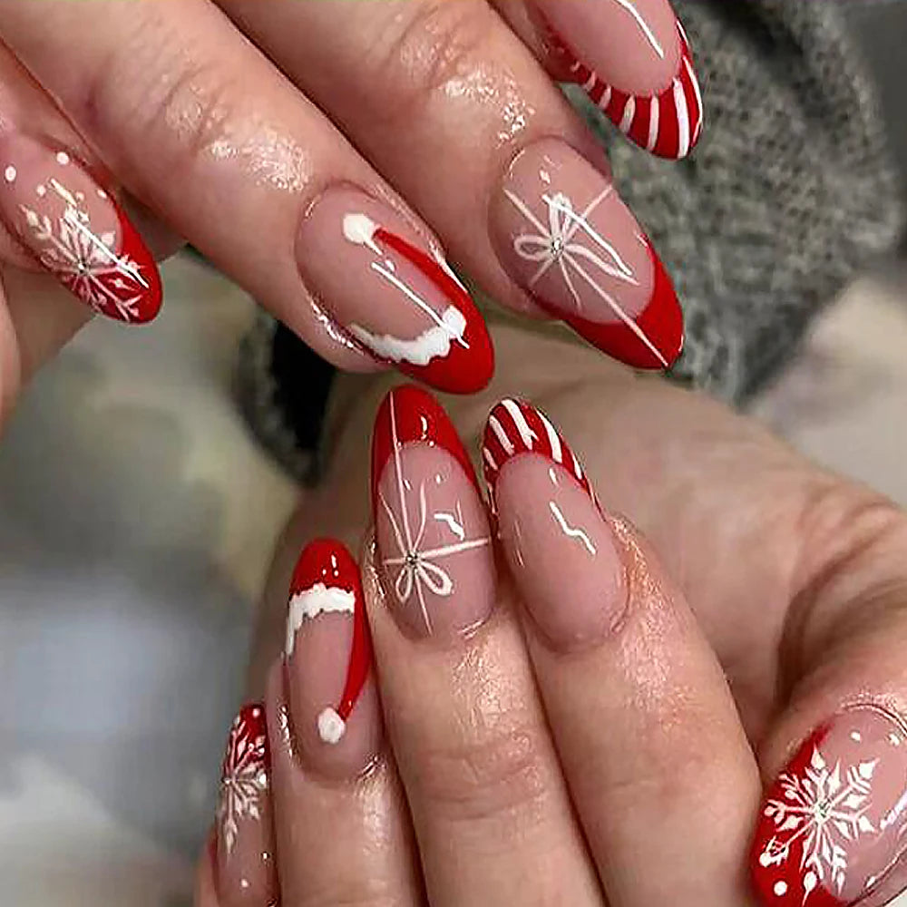 24pcs Red White French Line Christmas Sweet False Nails With Snowflake Rhinestone Starburst Design Pink Almond Press On Nails