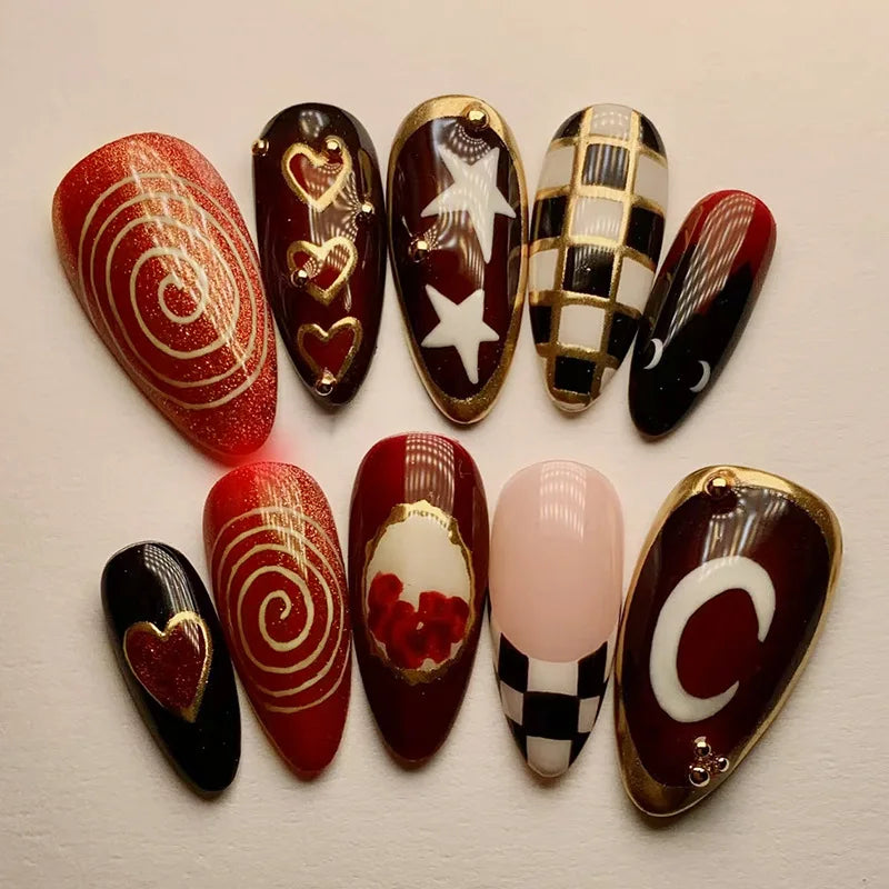 Black Y2K Long False Nails - 24Pcs Almond Cat's Eye Design