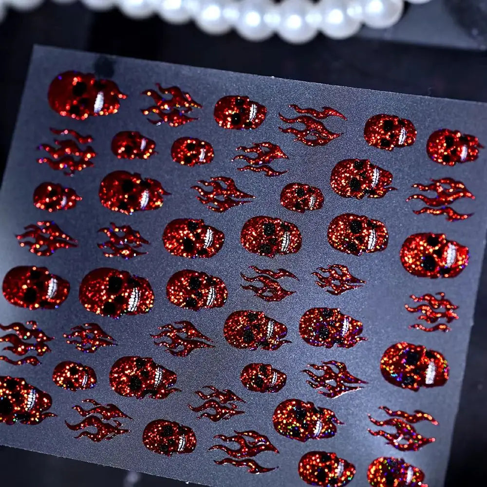 1Pc 5D Laser Skull Nail Stickers for Halloween Nail Gothic Design Flame Self-Adhesive Sliders Manicure Horror Decoration