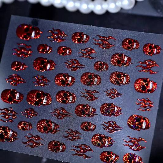 1Pc 5D Laser Skull Nail Stickers for Halloween Nail Gothic Design Flame Self-Adhesive Sliders Manicure Horror Decoration