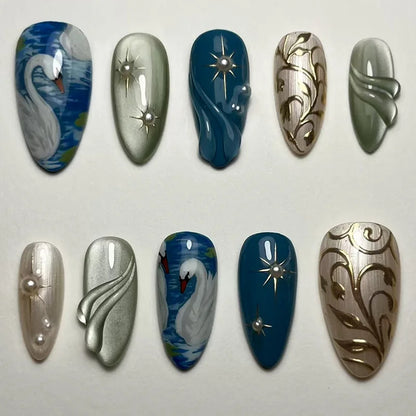 Black Y2K Long False Nails - 24Pcs Almond Cat's Eye Design