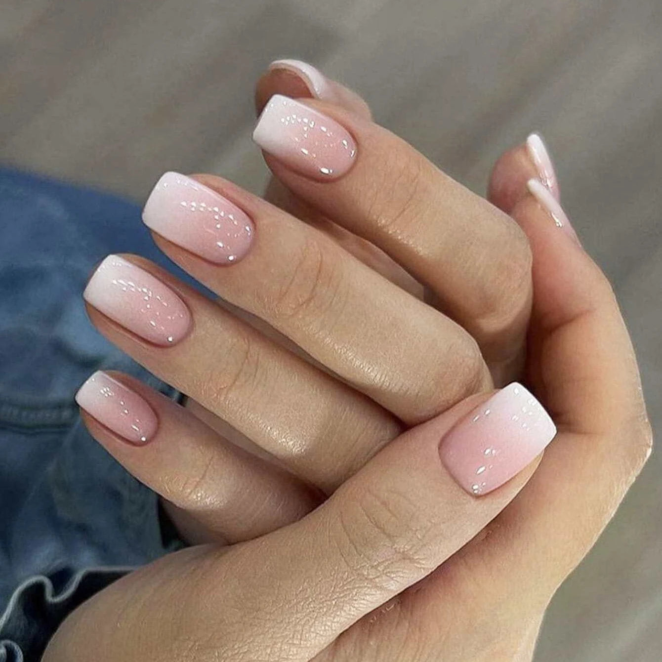 Short Square Fake Nails: Cute Bride Heart French Tips Set