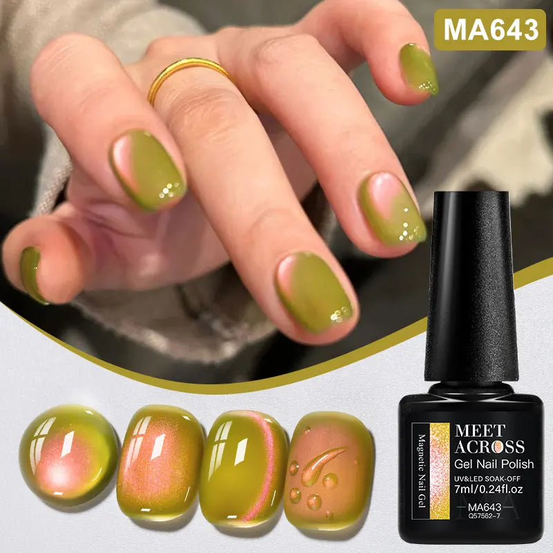 MEET ACROSS Guava & Grape Color Cat Magnetic Gel Green Glass Bead Cat Eye Gel Soak Off UV Gel Nail Art Varnish Salon Home DIY