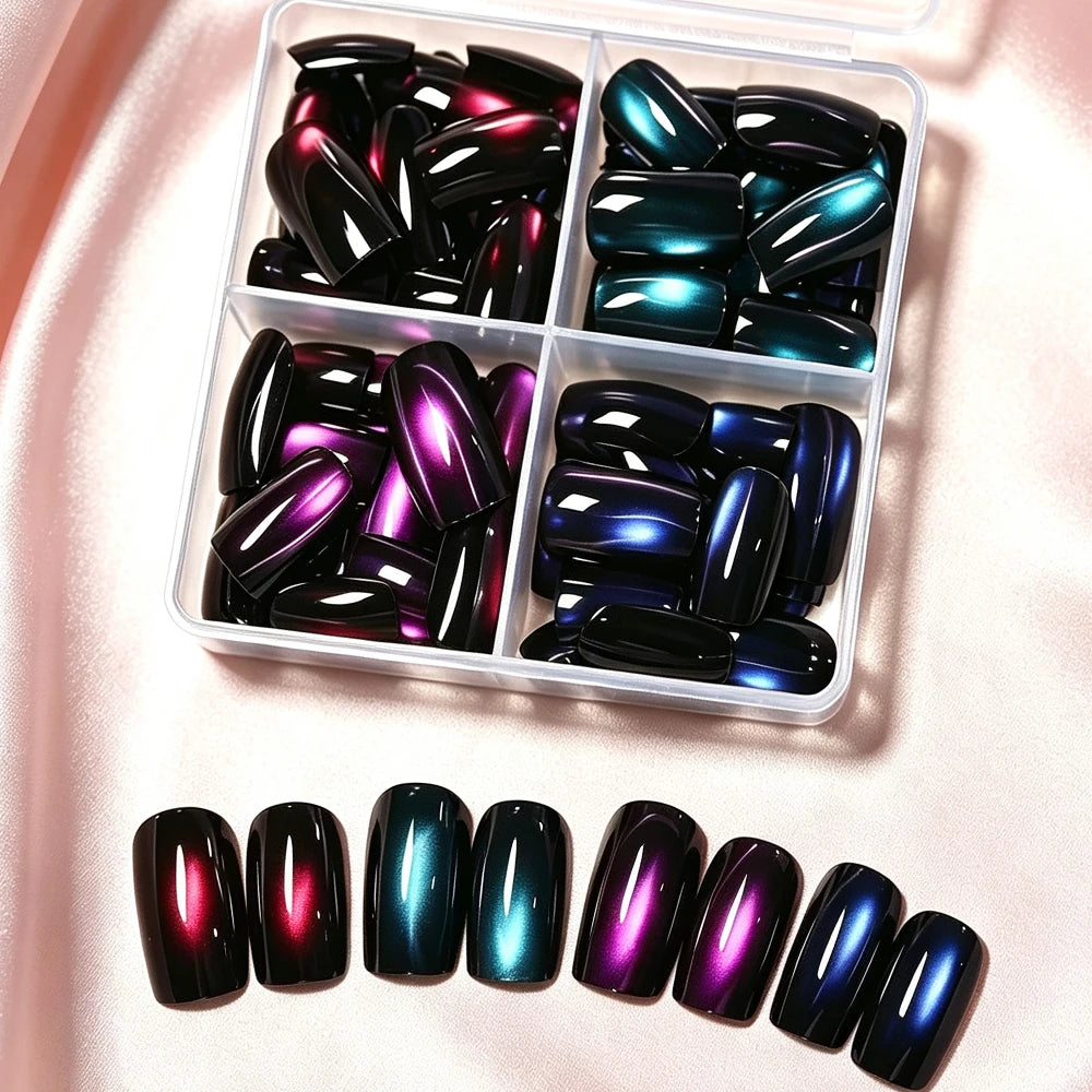 96pcs Short Square Glossy Cat Eye Press-On Nails Blue,Purple, Red,Green 4colors Cat Eye Fake Nails Set Full Cover Y2k False Nail