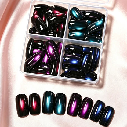 96pcs Short Square Glossy Cat Eye Press-On Nails Blue,Purple, Red,Green 4colors Cat Eye Fake Nails Set Full Cover Y2k False Nail