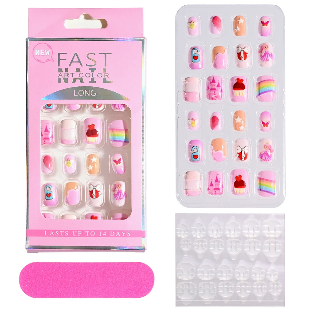 Fake Nails: Cartoon Kids Acrylic Nails - Cute Cat/Pig/Rainbow Set