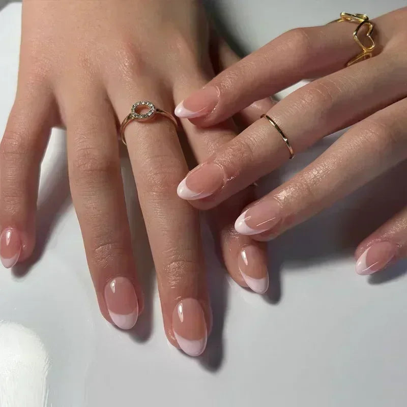 Fake Nails Almond 24Pcs - White Edge, Pink Stiletto