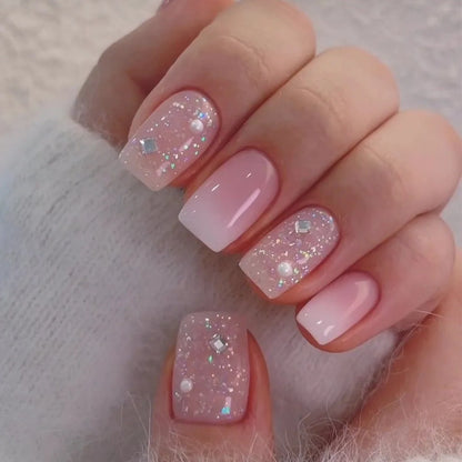 24Pcs Short Square Coffin False Nails Square Fake Nails with Glue French Glitter Wearable Acrylic Nails Set Press on Nail Tips