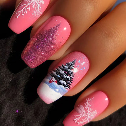 Fake Nails: Christmas Black Red Blue Snowflake Tips