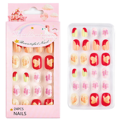 Fake Nails: Cartoon Kids Acrylic Nails - Cute Cat/Pig/Rainbow Set