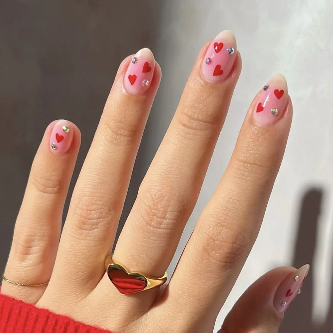 Red Love Heart French Nail Art - Cute Nude Pink Fake Nails